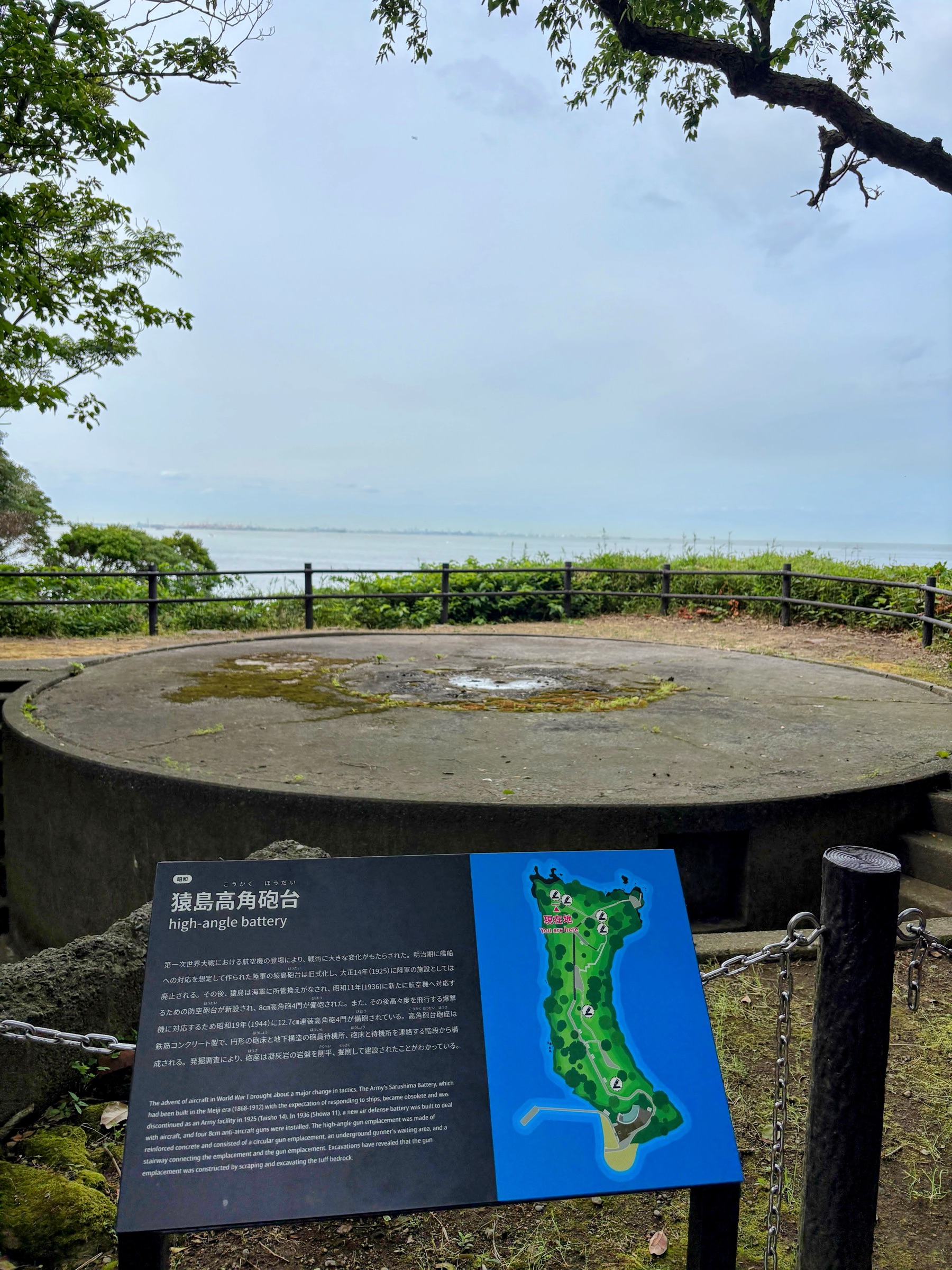 猿島高角砲台の砲座跡と説明板